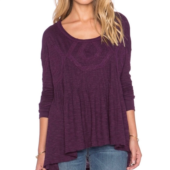 Free People Lace Embroidered Pintuck Pleated High Low Purple Knit Tunic Tee S - Picture 12 of 14
